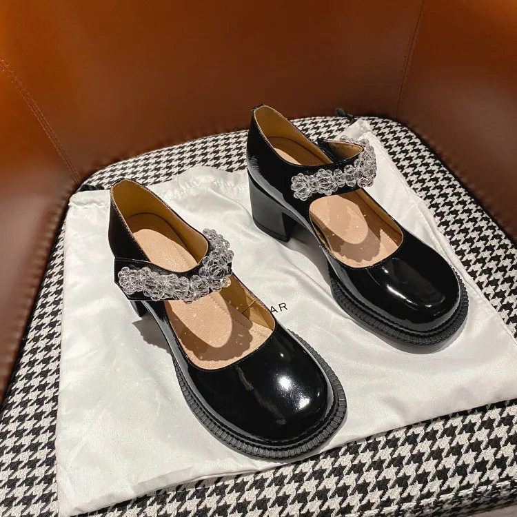 

head women's shoes 2021 new diamond patent leather one belt shoes in