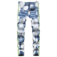 mens neon side stripe patchwork jeans y2k tie dye holes ripped denim pants plus size slim straight trousers