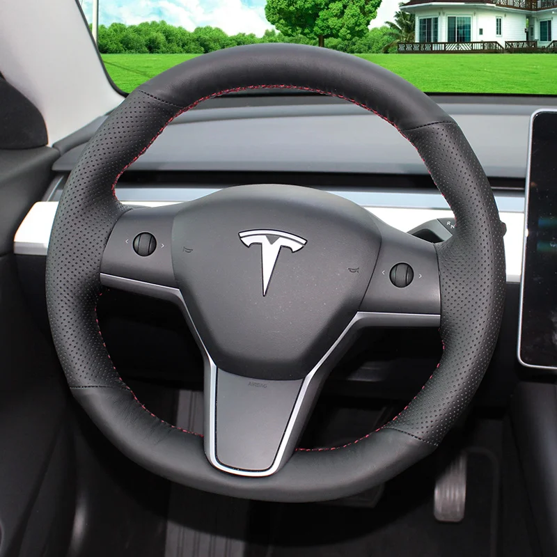 

Genuine Leather Hand Sewn Car Steering Wheel Cover DIY for Tesla Model S Model X Model 3 Car Accessories Handle Cover Customize