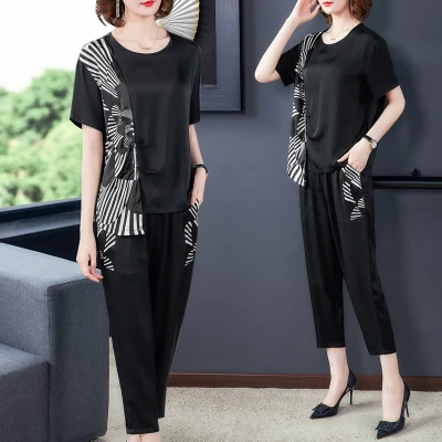 

Middle Aged Women Two Piece Outfits Summer Striped Womens Matching Set Wholesale Clothing Set Silk Clothes Top&pants