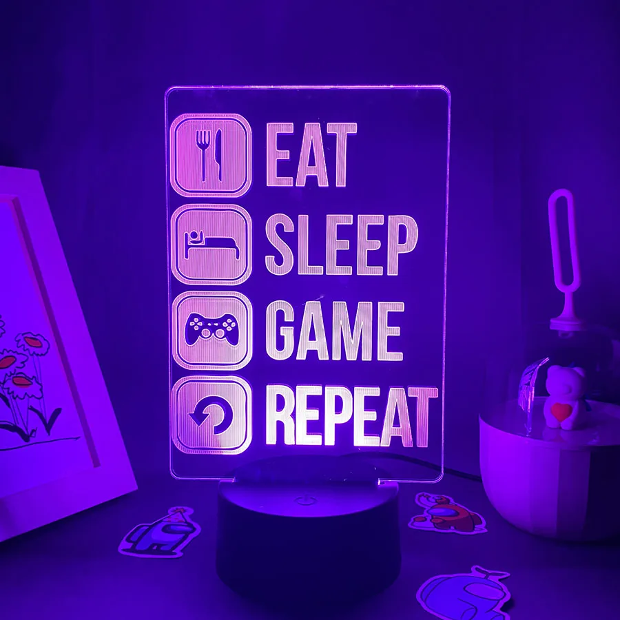 

EAT SLEEP GAME REPEAT Neon Lamps 3D Led RGB Night Lights Birthday Cool Gifts For Gamers Colorful Gaming Room Table Decoration