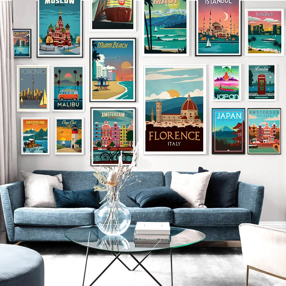 

Cartoon Color Famous Tourism City Vintage Wall Art Canvas Painting Nordic Posters And Prints Wall Pictures For Living Room Decor