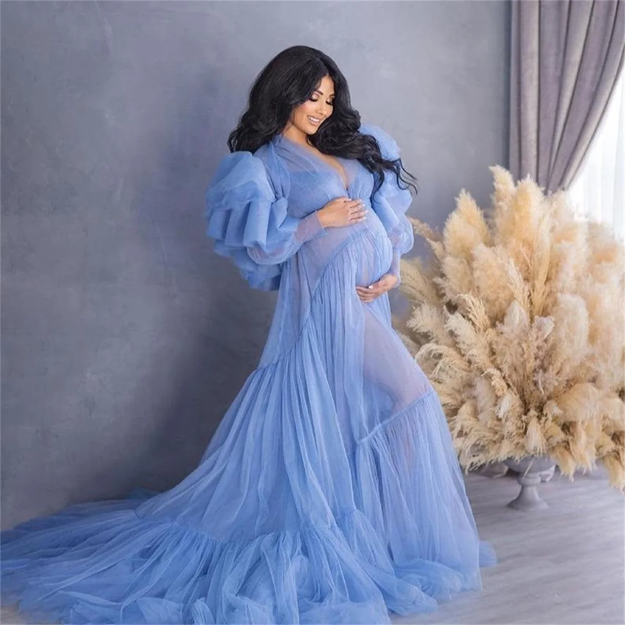 2021 Blue Maternity Gowns For Photoshoot Ruffles Long Sleeve Maternity Maxi Dress for Photography Pregnancy Women Party Wear