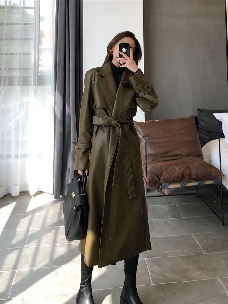

SuperAen Autumn Winter 2022 New Windbreaker Solid Sashes Casual Full Long Office Lady Leather Jacket Women