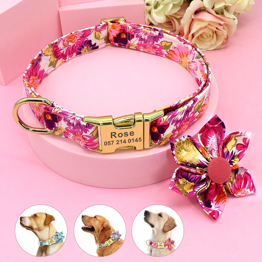 

Flower Print Dog Collar Nylon Floral Custom Pet Dog Collars Puppy Collar Personalized Name for Small Medium Large Dogs S M L