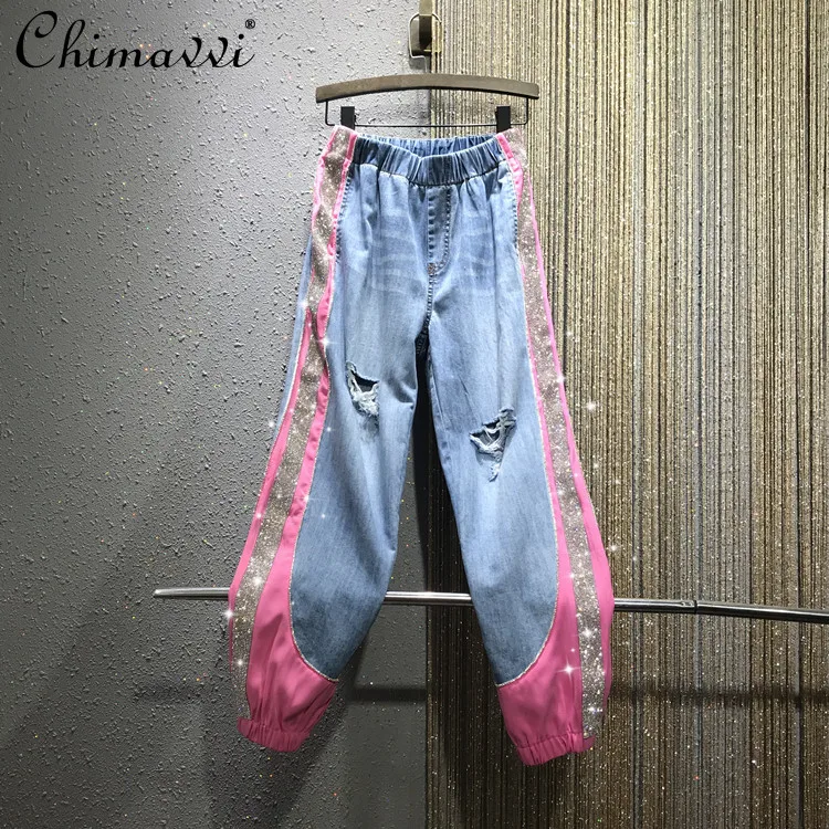 

Women Blue Wide Leg Jeans 2021 Rhinestone Color Matching Elastic Waist Denim Pants Female Loose Large Size Slimming Harem Jeans