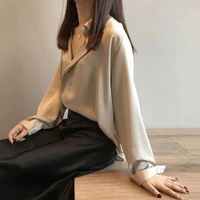 autumn fashion button up satin silk shirt casual women solid color long sleeve v neck pullover chiffon office blouse shirt