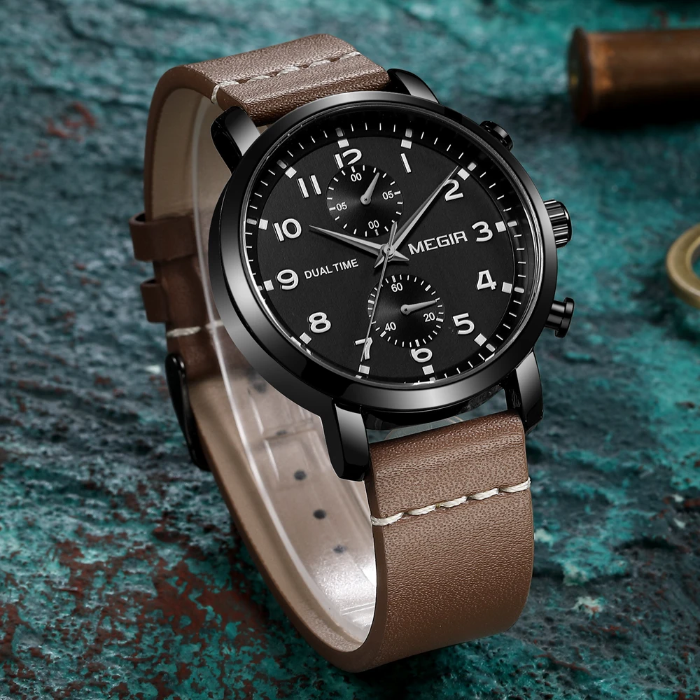 

MEGIR Waterproof Quartz Watch for Men Luminous Chronograph Sport Wrist Watches Man Clock Hour with Brown Leather Montre Homme