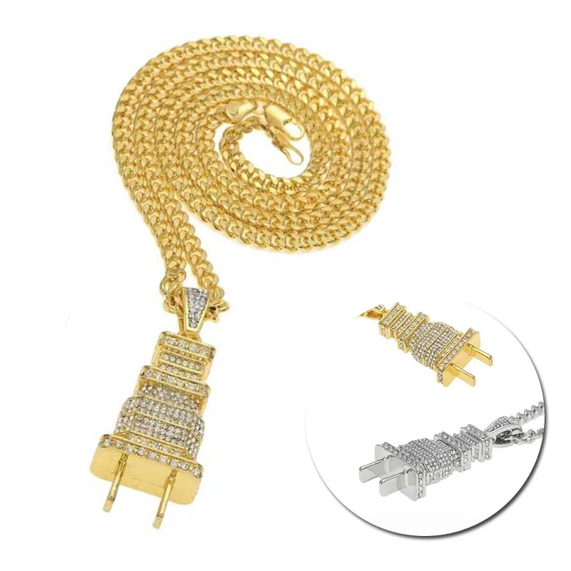 Хип хоп золотые и серебряные со стразами электрические цепи с вилкой блестящие