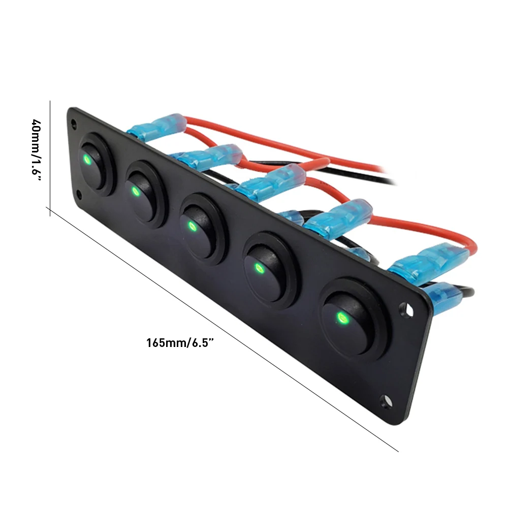 

12-24V 5 Gang Rocker Switches Panel Blue LED 5 Gang Round Dash Rocker Toggle Switches Panel Green Red for RV Boat Yacht Marine