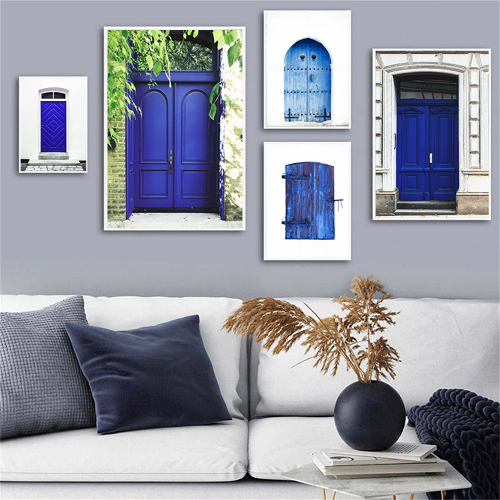 

Blue Poster Vintage Wooden Door Wall Art Canvas Painting for Living Room Nordic Prints Interior Home Room Wall Decor Pictures