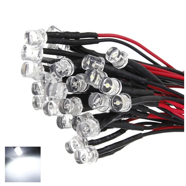 

20CM 12V Wired For Light Emitting Diode Wiring LED Lot Size: 5mm Flat Top Color:white QTY:10Pcs