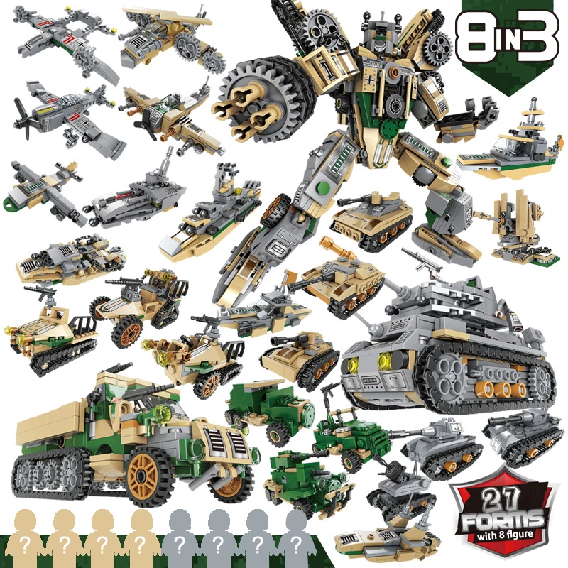 

8in3 Transformation Vehicles Robot Building Blocks Toy Bricks 27 Forms City Military Tank Mecha Deformation Robot Car Kid Toys