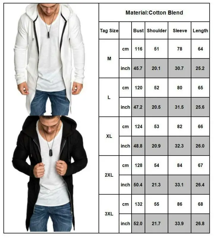 

Unisersal Fashion Men'ss Casual Hoodie Hooded Longline Zip Sweatshirt Sweater Jacket Outwear Coat XL