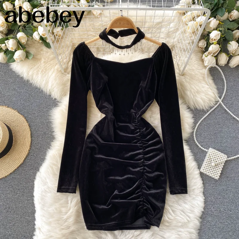 

Женское велюровое платье в стиле ретро, Осеннее однотонное облегающее платье с длинным рукавом, элегантное винтажное модное короткое черно...