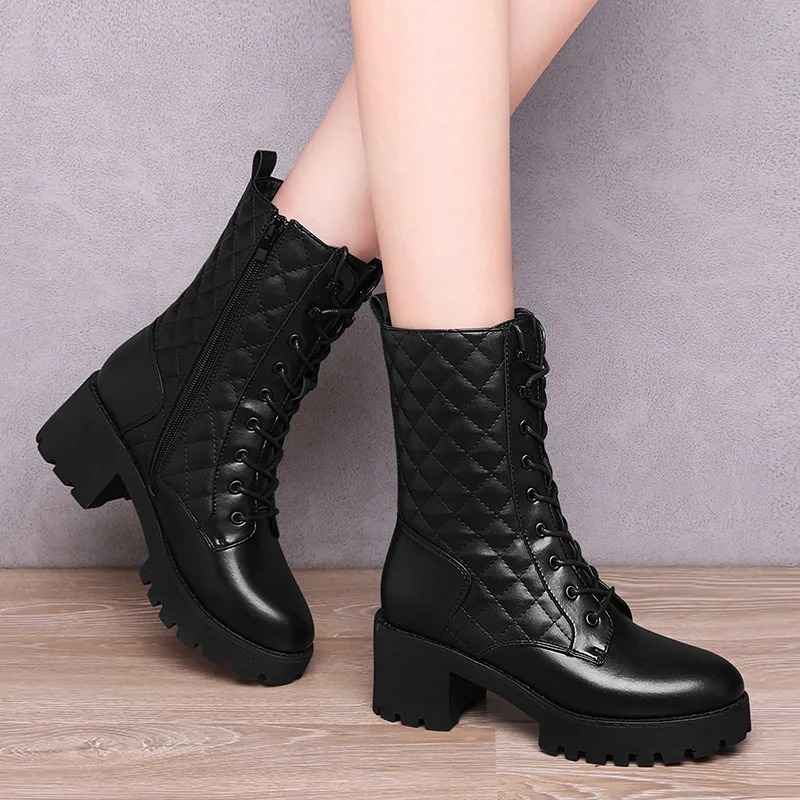 

Женские ботильоны из натуральной кожи, на толстой подошве, до середины икры, Универсальные ботинки на платформе, полуботинки мартинсы, нови...