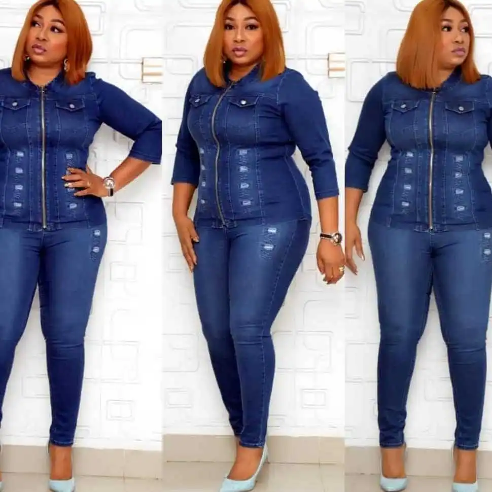

2 Piece African Set For Women 2020 Winter Denim jeans Pattern 3/4 Sleeve Tops and Trousers 2PCS Clothing Sets