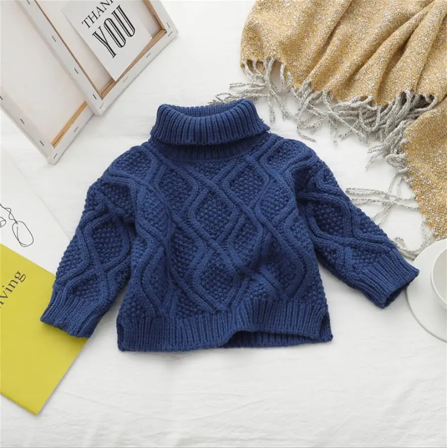 

1-7Yrs Autumn Children Boys Girls Knitted Sweater Tops Thick Warm Winter Kids Solid High Collar Pullover Sweater Outfits