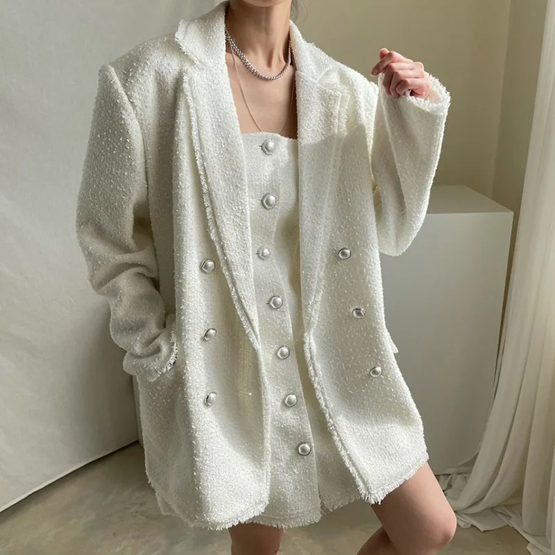 2022 Spring Fall French Elegance Two-Piece Suit Double-Breasted Woolen with Frayed Lapel Coat+ Pearl Buckle Sling Dress