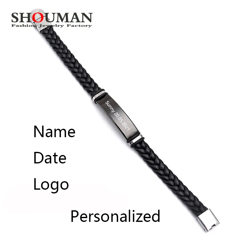 

SHOUMAN Personalized Engrave Name Date Logo Black Braid Woven Leather Bracelet Stainless Steel Men Bangle Women Jewelry Gift