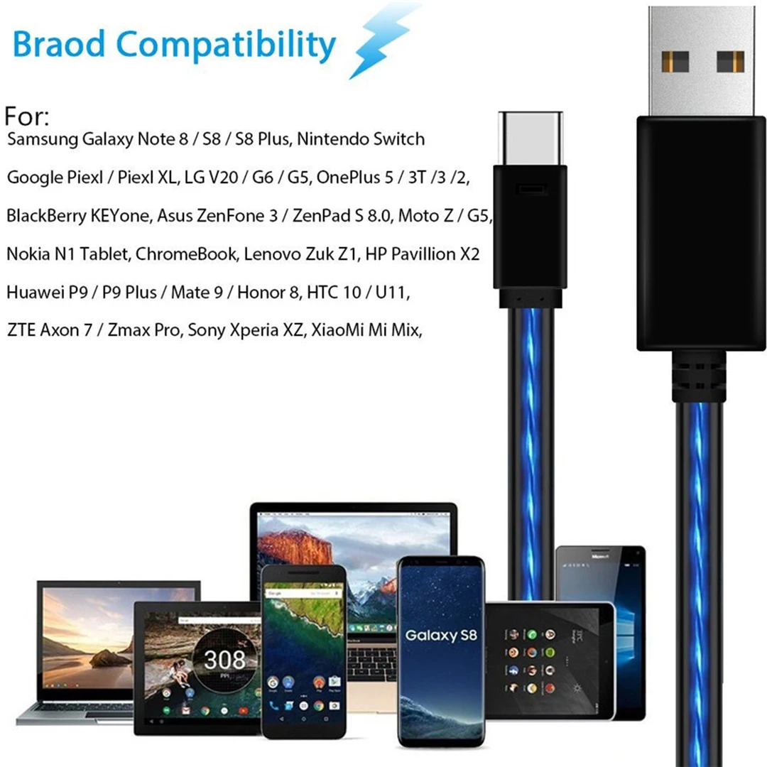 1 м струящийся светящийся зарядный USB кабель для передачи данных type C Micro USB светодиодный светящийся Шнур для iPhone Xiaomi huawei Быстрая зарядка яркий Кабо