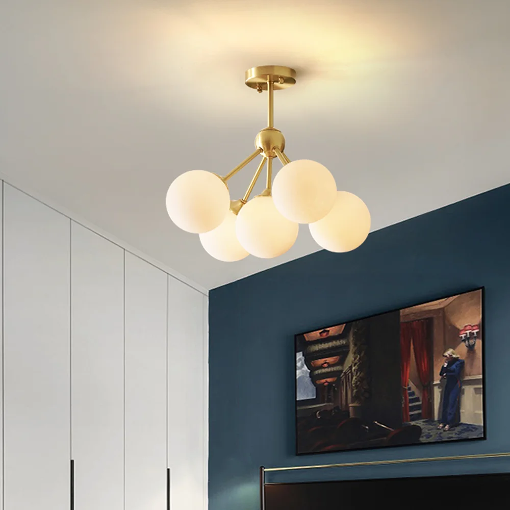 Люстра в скандинавском стиле светодиодная столовая коньячное стекло освещение