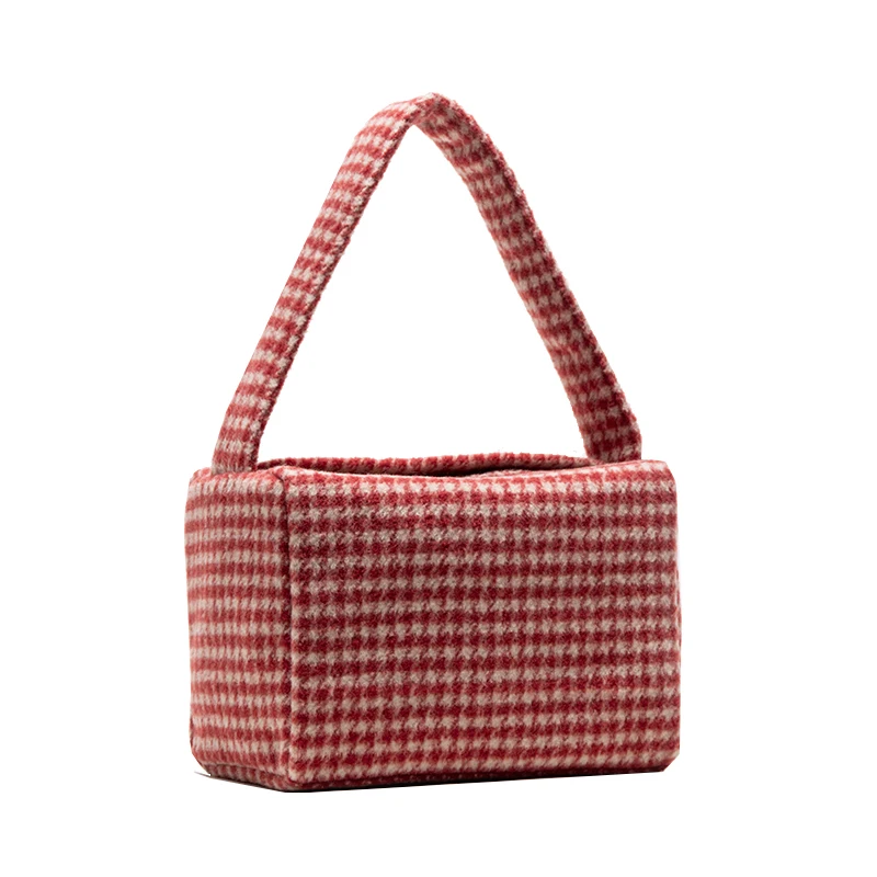 

Square Bag Armpit Woollen Cloth Casual Bag Small Body Large Capacity Thousand Bird Lattice Red