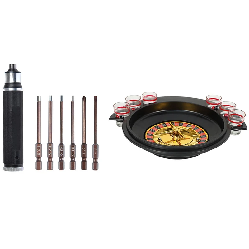 

Russian Lucky Shot Party Games Roulette Drinking Game with 6 Glass Spin Wheel & 6 in 1 Screwdrivers Repair Tool Kit