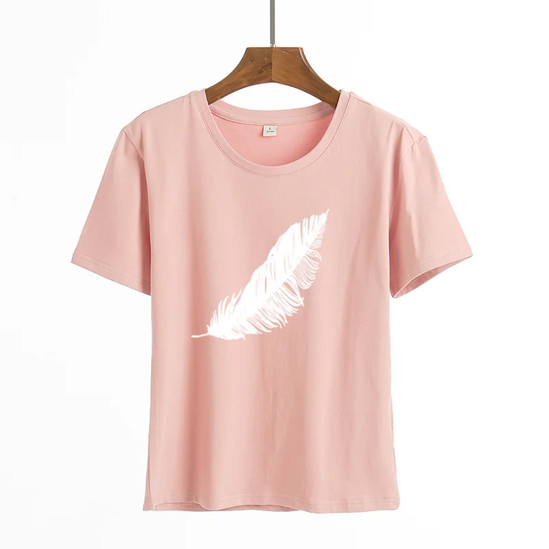 

2021 Fashion Casual Harajuku T Shirt Women Feather Print Loose O Neck Short Sleeve Elastic Stretched Summer Home Ladies T Shirt