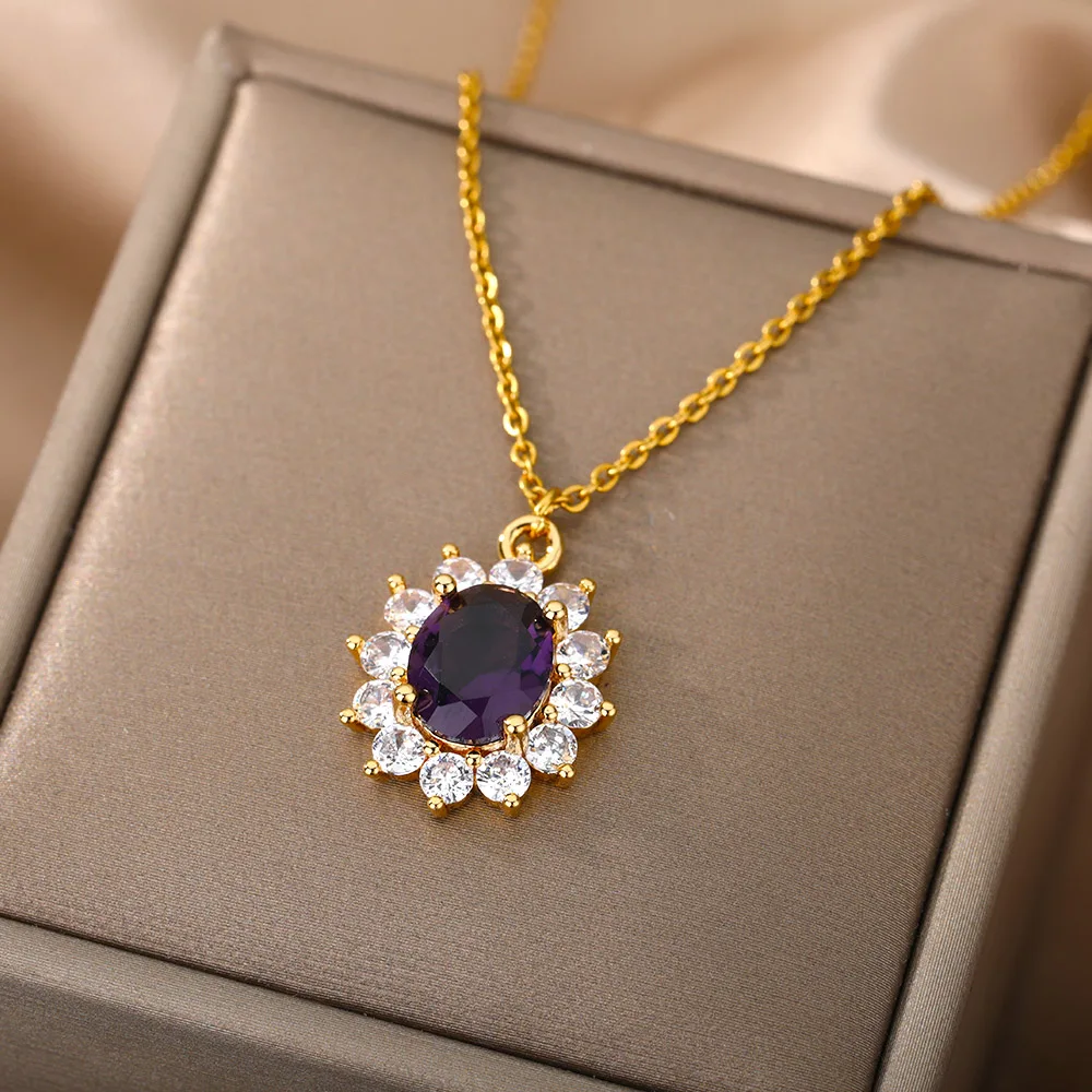 

Zircon Sunflower Necklaces For Women Stainless Steel Gold Sun Crystal Big Pendant Necklace Charm Choker Accessories Jewelry BFF