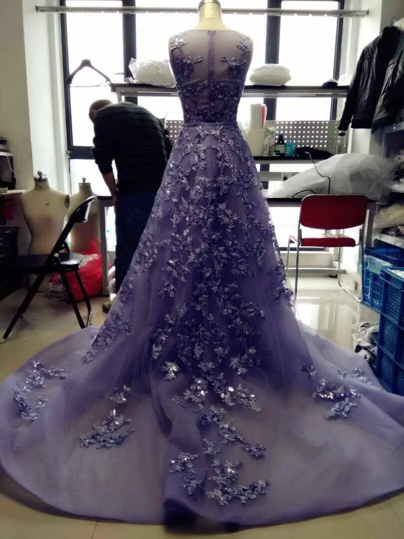 100% Real Picture Prom Dresses With Detachable Train Jewel Neck Lace Appliqued Evening Gowns Plus Size Pageant Dress