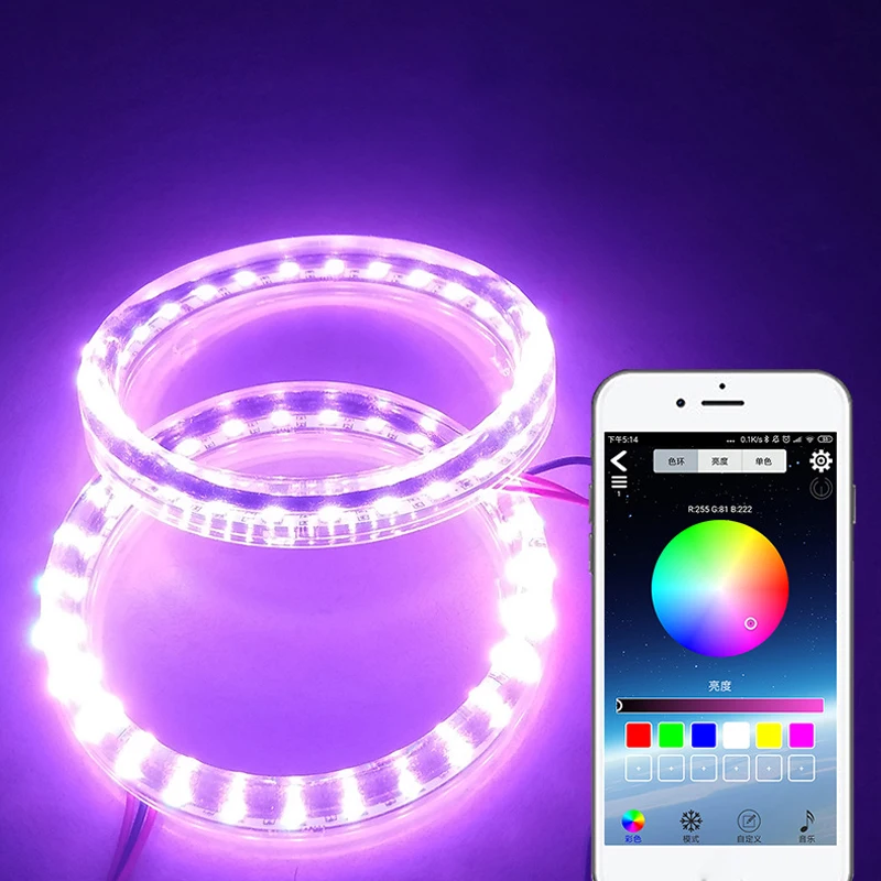

Universal 2pcs 80mm RGB LED Angel Eye Ring Halo Lights Lamps DRL Headlight Bluetooth APP Control Fit for iOS Android