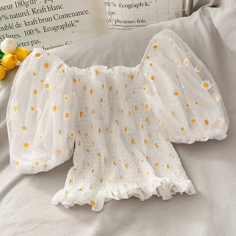 

2021 Summer Women Fashion Slash Neck Floral Print Mesh Patchwork Elastic Short Crop Tops Casual Puff Sleeve Chic T Shirt