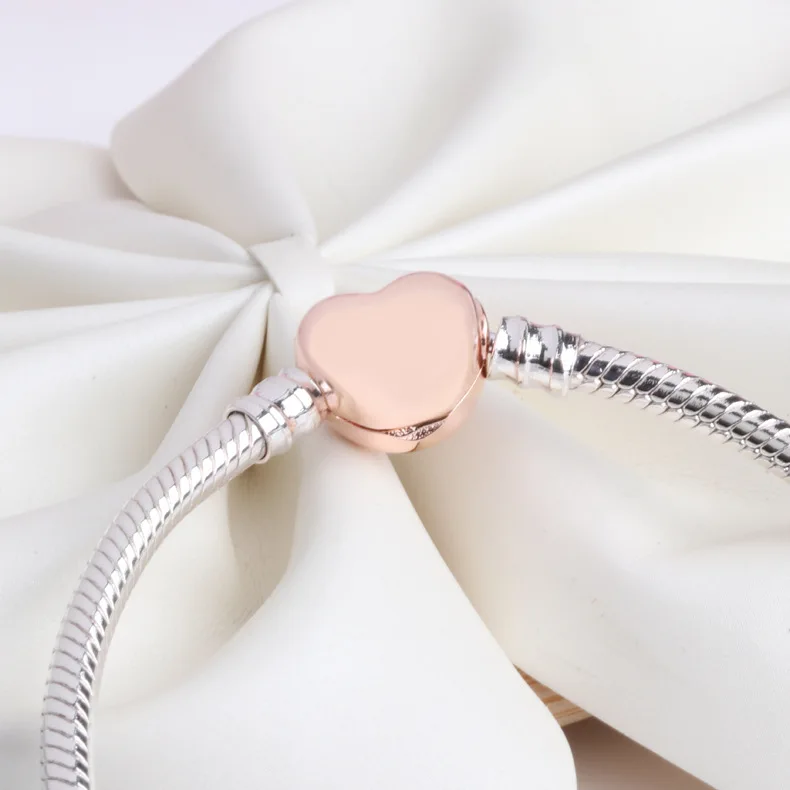 

Hot Authentic 100% 925 Sterling Silver Rose Gold Heart-shaped Buckle Snake Bone Chain Bangle & Bracelet Luxury Jewelry