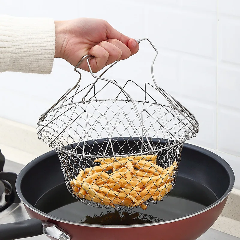 

Stainless Steel Foldable Fry Filtration Basket Vegetable Fruit Mesh Strainer Tools Colander Skimmer Cooking Utensils for Kitchen
