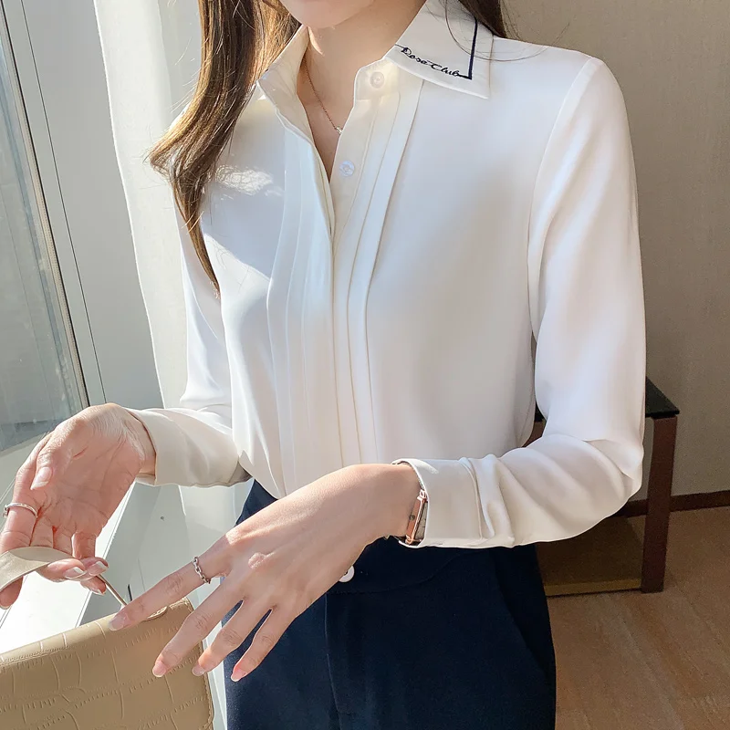 

Autumn New Women's Blouse Long Sleeve Loose Pleated Polo Shirt Solid Color Chiffon Casual Fashion Top Houthion