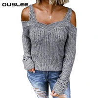 ouslee sexy womens sweaters off the shoulder solid casual knitted sweater female v neck tops long sleeve pullover women knitwear