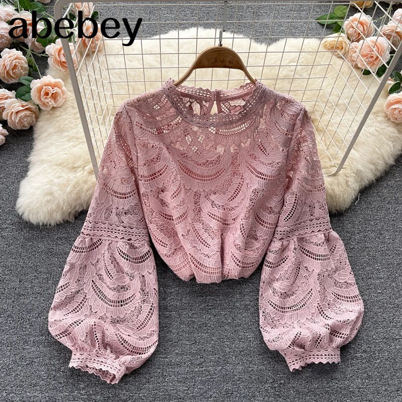 

Women Sweet Lace Blouse Puff Sleeve O Neck Solid Casual Loose Tops 2021 Autumn Fashion Korean Streetwear Blouses