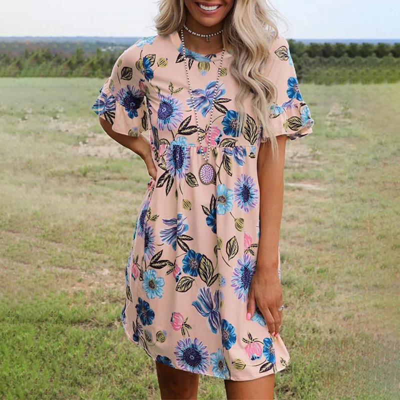 

сарафаны женские летние 2021women summer Casual short sleeve o-neck floral print mini shift dress Pink dresses