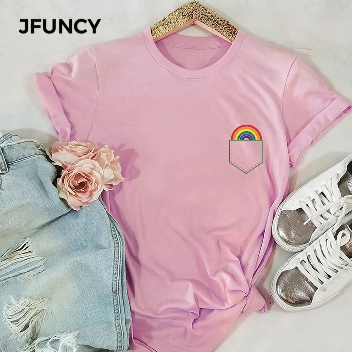 JFUNCY Rainbow Pocket Print  Short Sleeve Woman Tshirts Women T Shirt Casual Loose T-shirt Summer Tees 100% Cotton Tops