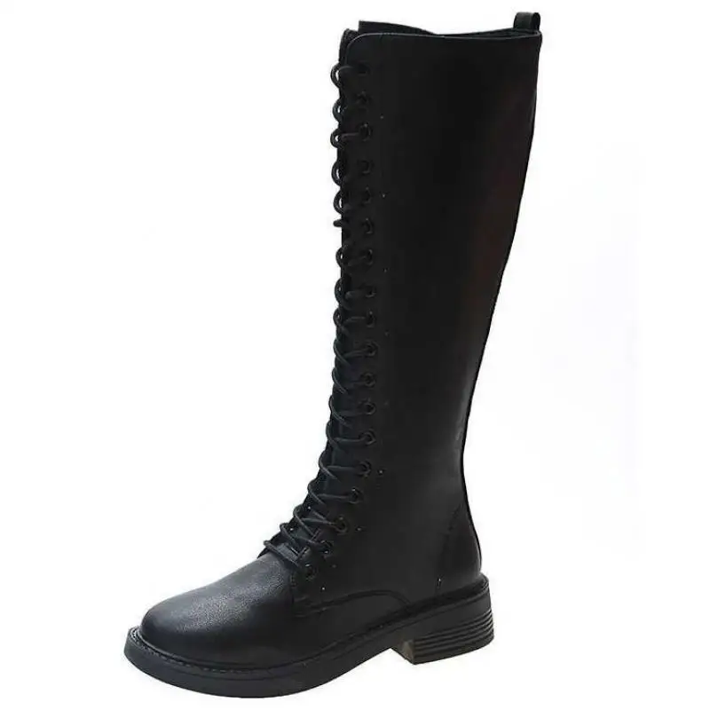 

2021 Fashion High Boots Female Knight Knee-length Boots Thick Plush Female Winter Shoes British Style Thick Heel Lace-up Shoes