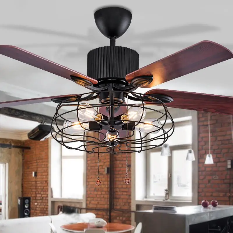 

52 Inch High Quality Loft Fan Chandelier Retro Dining Room Household Electric Fan Mute LED Remote Leaf Fan Lamp