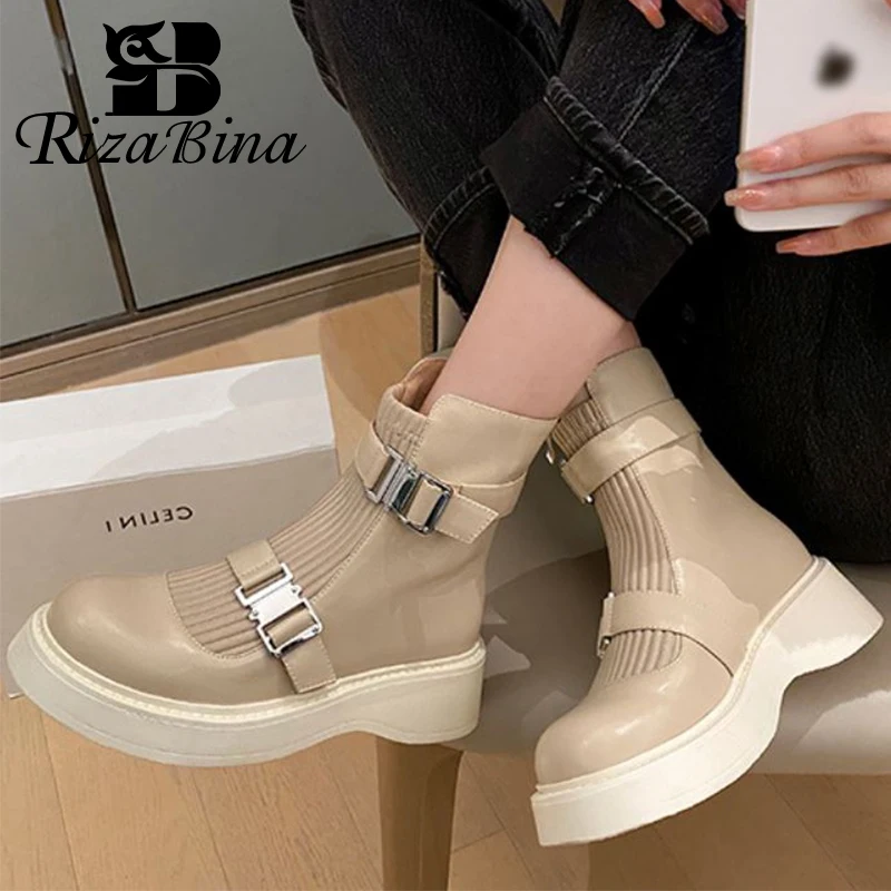

RIZABINA 2022 Women Real Leather Shoes Ankle Boots Platform Metal Decoration Winter Short Boot Cool Ladies Footwear Size 34-39