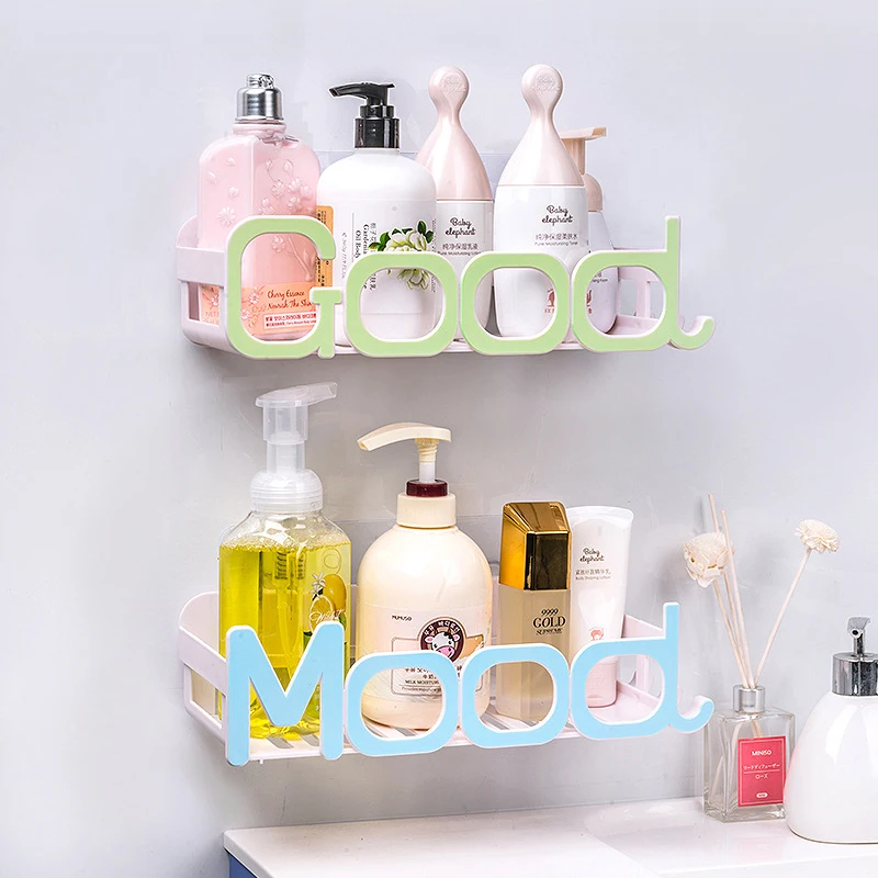 

Wall Mounted Bathroom Shelf Letter Printing Shelves Hollow Waterproof Storage Rack Portable Storage Rack Bathroom Accessories