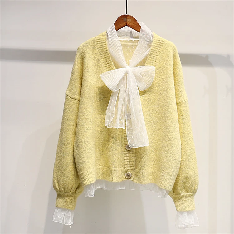 Colorfaith New 2019 Autumn Winter Women's Sweaters Cardigans Single Breasted Chiffon Bow Sweet Knitting Tops Korean Style SW8704 |