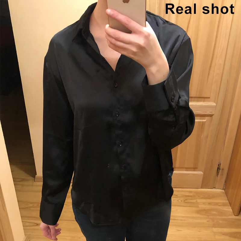 

2021 Spring Women's White Shirt Oversize Long Sleeve Button Up Satin Silk Shirt Blouse Vintage Casual zaraing Women Clothing New