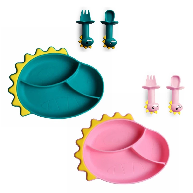 

Baby Feeding Bowl Spoon Fork Set Cartoon Dinosaur Silicone Suction Divided Plate 97BC
