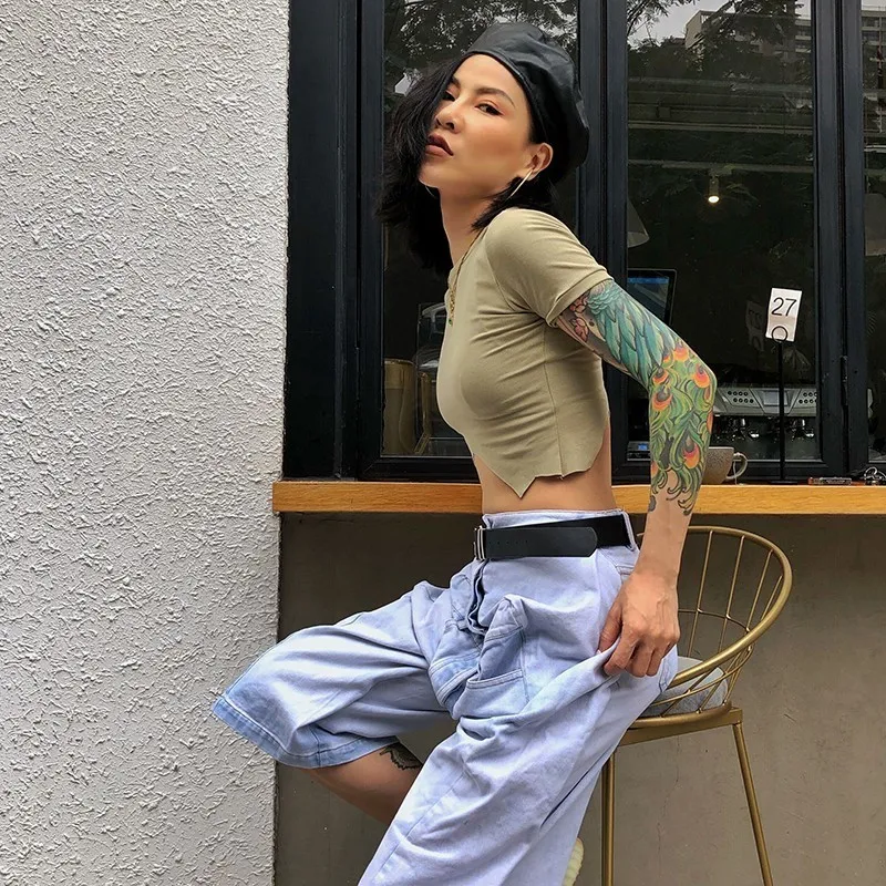 

GALCAUR Summer Casual Jeans For Women High Waist Big Size Knee Length Denim Blue Streetwear Cross-Pants Female 2020 Fashion Tide