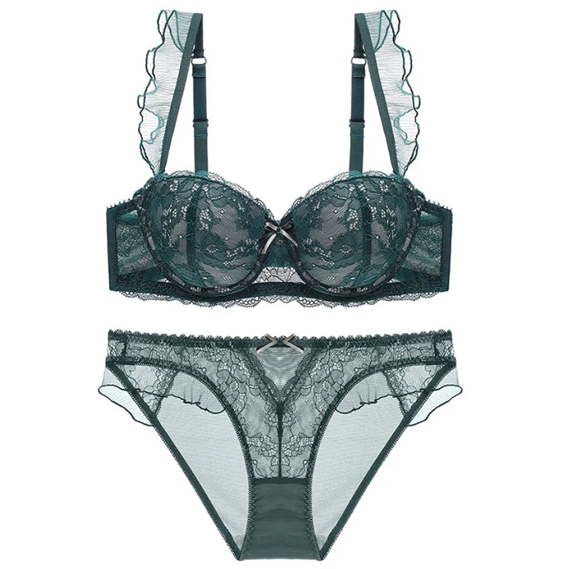

New Top Sexy Bra Panties Sets Lace Embroidery Lingerie Set Green Brassiere Deep V Push Up Bra Women Underwear Set Cotton 3/4 Cup