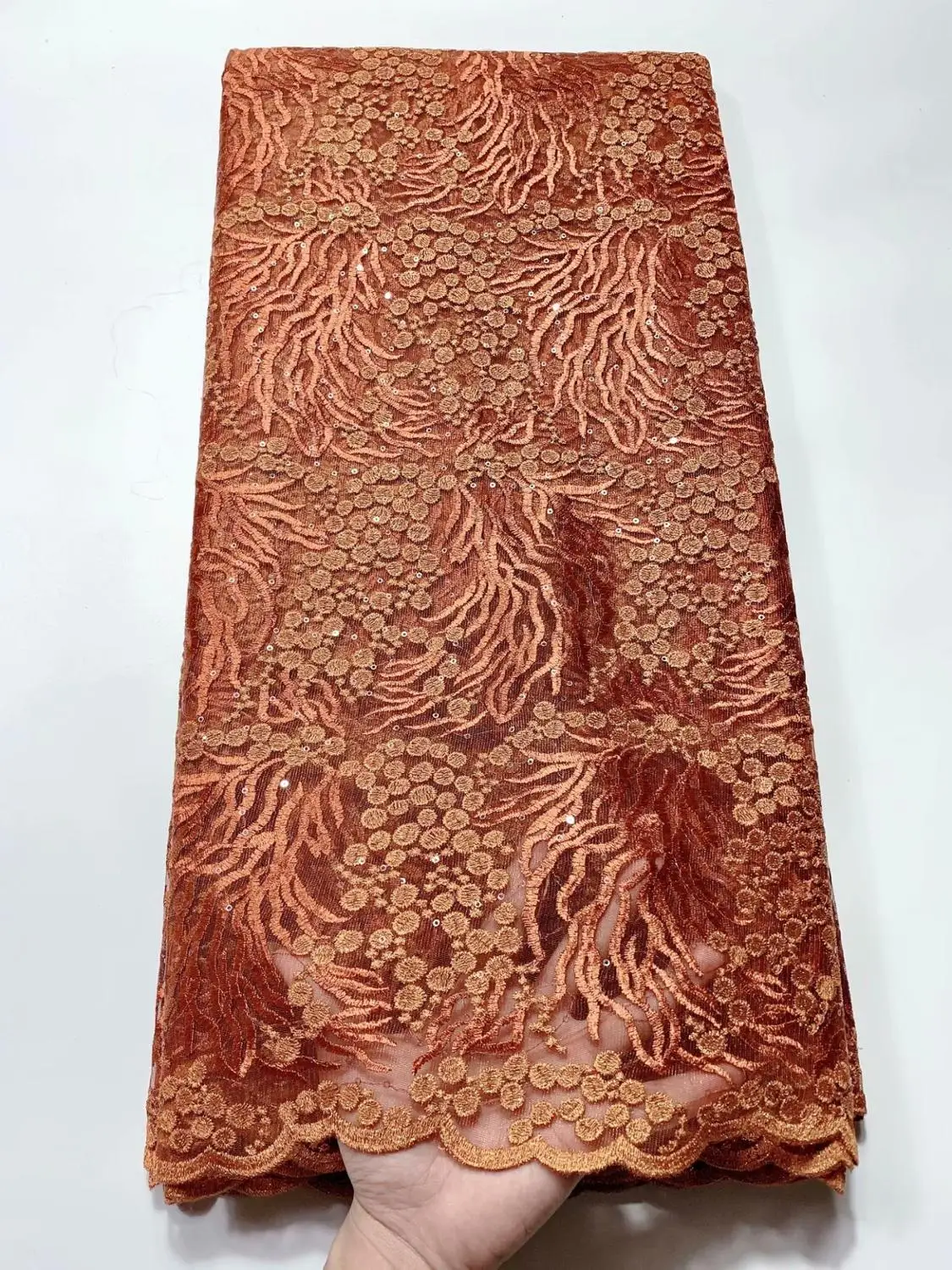Высококачественная оранжевая французская кружевная ткань 100% хлопок вышивка